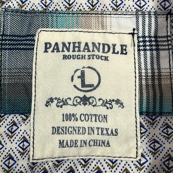 Panhandle Rough Stock Mens Button Down Blue Diamond Contrasting Cuff Plaid Large - Picture 3 of 16